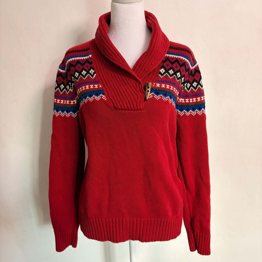 Lauren Ralph Lauren Red Fair Isle Nordic Sweater Toggle Button L